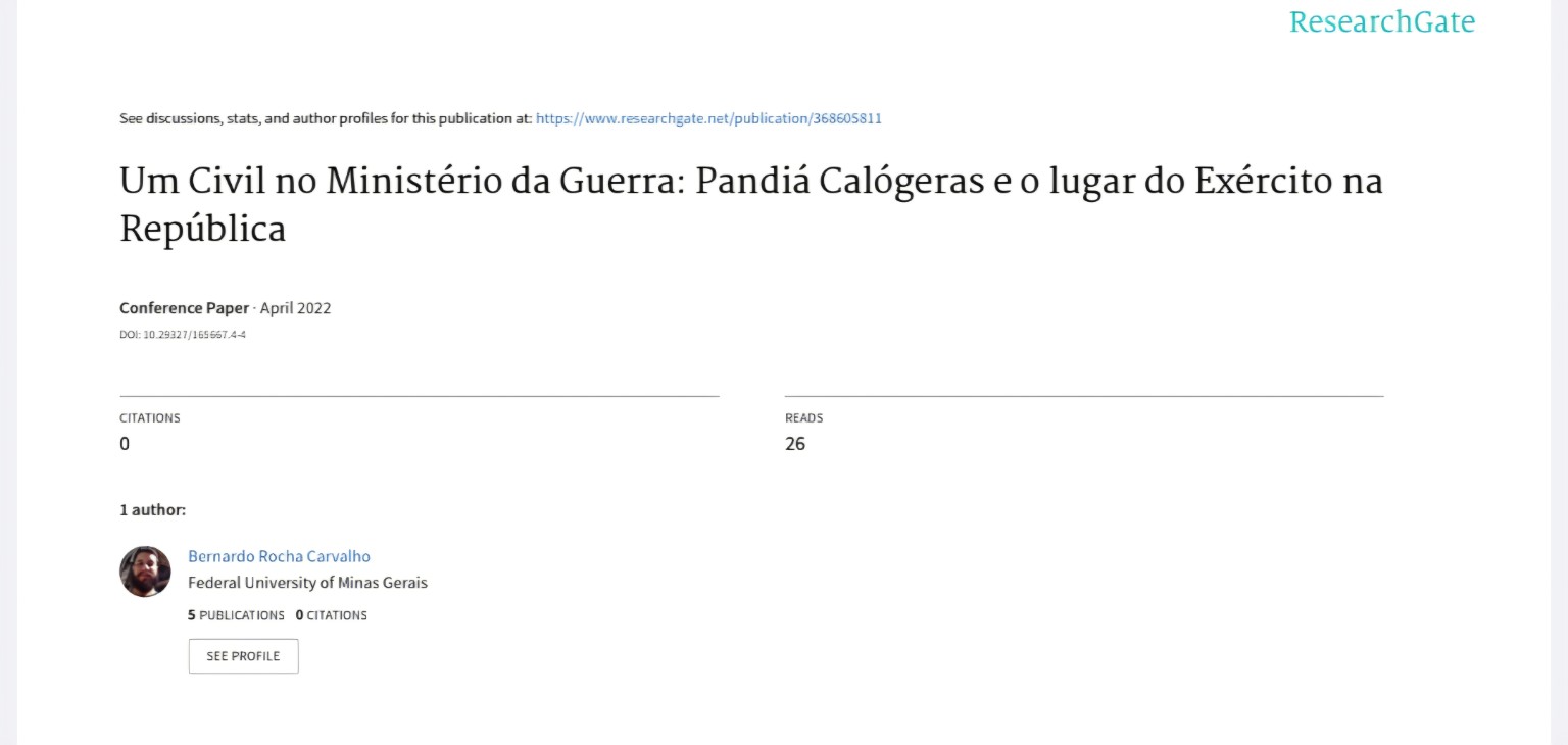 Identificação do artigo sobre Pandiá Calógeras no ResearchGate, com título, autoria de Bernardo Rocha Carvalho e DOI.